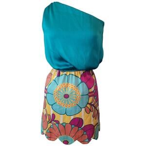Judith March One Shoulder Mini Sundress Colorful Floral Print Sz S EUC